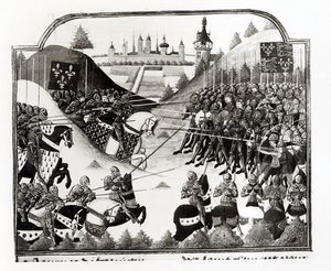 Die Schlacht von Fromigny, 14. April 1450, ms Fr 2691 fol. 183, aus Chronique de Charles VII von Jean Chartier