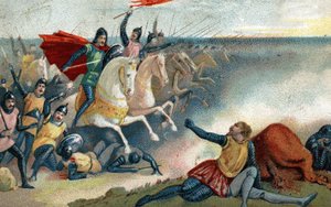 Die Schlacht von Hastings am 14.10.1066 zwischen den Sachsen von Harold II. und der normannischen Armee (Wilhelm I. der Eroberer). Chromolithographie aus dem späten 19. Jahrhundert.
