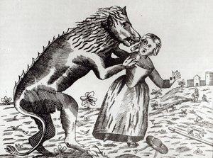 Das Biest von Gévaudan greift ein junges Mädchen an von French School