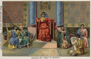 Der byzantinische Kaiser Justinian I. diktiert die Pandekten, 6. Jahrhundert