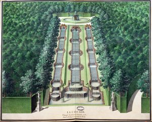 Der Wasserfall, verändert Ende 1706, im Hain auf dem Hügel, aus Gardens of Marly, frühes 18. Jahrhundert von French School