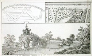 Der chinesische Pavillon und das Haus der Philosophie im Parc de Bonnelles, in der Nähe von Paris, aus 