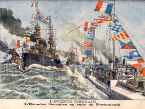 Die Herzlichkeit der Entente. Englisches Marinegeschwader im Hafen von Portsmouth. Die Herzlichkeit der Entente. Französische Flügel in Portsmouth. Illustration für Le Petit Journal. von French School