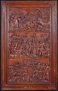 Das Credo, Tafel II: Abnahme vom Kreuz, Grablegung, Auferstehung und Abstieg in die Unterwelt und Himmelfahrt, 1587 (Holz) von French School