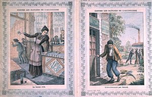 Die Gefahren des Alkoholismus, Titelblatt eines Schulheftes, um 1900 von French School
