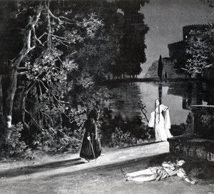 Der Tod von Pelléas, Akt IV, Szene 4 von Pelléas et Mélisande von Debussy, aus einem Foto der ersten Aufführung im April 1902 der Oper an der Opéra-Comique in Paris, Illustration in Theatre Magazine von French School