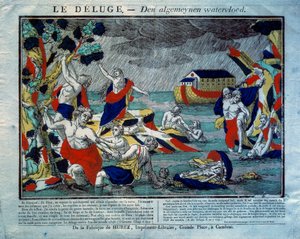 Die Sintflut, die Arche Noah rechts. Gravur aus dem 19. Jahrhundert. Paris, Museum für Volkskunst und Traditionen von French School