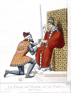 Der Doge von Venedig und der Papst im 14. Jahrhundert - Gravur von French School