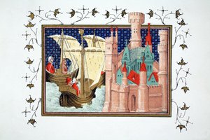 Der Herzog von Salisbury kommt aus Irland auf Schloss Conway an, Faksimile-Kopie aus Le Prinse et Mort du Roy Richart von Jean Creton, nachgedruckt im 19. Jahrhundert