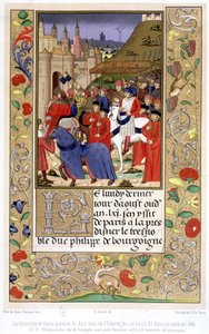 Die Schöffen von Paris tragen das Baldachin, als König Ludwig XI. 1461 in die Stadt einzieht (NB: Philipp der Gute, Herzog von Burgund, hatte Paris verlassen, um den Monarchen zu treffen)