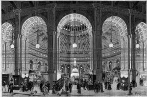 Die Elektrizitätsausstellung in Wien (Österreich), ein Überblick über die große Rotunde, die von elektrischem Licht beleuchtet wird. (La Nature. Revue des sciences et de ses applications aux arts et à l