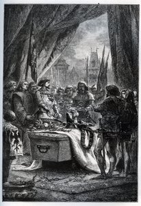 Der englische Gouverneur von Châteauneuf-de-Randon (Châteauneuf-de-Randon, Auvergne) ergab sich und legte die Schlüssel der Stadt auf den Sarg von Bertrand du Guesclin (1320-1380), am 13. Juli 1380, vor dem die Stadt belagert wurde. Der Konnetabel starb von French School
