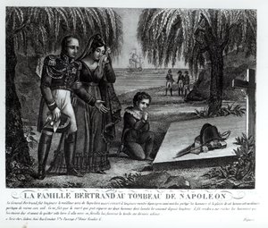 Die Familie von General Henri-Gratien Bertrand (1773-1844) am Grab von Napoleon Bonaparte (1769-1821) 1821 (Lithografie) (s/w Foto) von French School