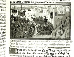 Der erste Angriff auf Tyrus, aus der Histoire du Grand Alexandre 1460 von French School
