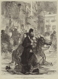 Die Überschwemmungen in Spanien, Rettung der Einwohner von Murcia (Gravur) von French School