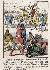 Die französische Armee traf die Westgoten in der Nähe von Poitiers, der Kampf fand in der Ebene von Vouillé statt. Clovis tötete Alarich, ihren König, und eine große Anzahl westgotischer Soldaten, im Jahr 507. von French School