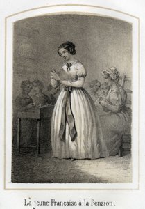 Das französische Mädchen liest ihren Klassenkameraden vor. Anonyme Gravur des 19. Jahrhunderts