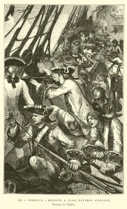 Das französische Kriegsschiff Serieux wehrt einen Angriff von fünf britischen Schiffen ab von French School