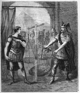 Der gallische Heerführer Brennos (Brennus) besiegt die Römer und verkündet das „Vae Victis“ (Wehe den Besiegten), Die Gallier forderten Lösegeld nach ihrer Eroberung Roms - Brennus, Anführer des gallischen Stammes der Senonen, spricht das verhängnisvolle V von French School