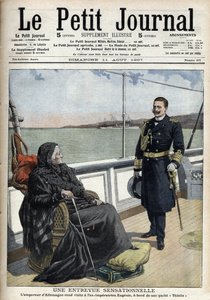 Der deutsche Kaiser Wilhelm II. (1859-1941) besuchte die ehemalige Kaiserin Eugenie (1826-1920) an Bord seiner Yacht „Thistle“ - „Le Petit Journal“ vom 11. August 1907 (Gravur) von French School