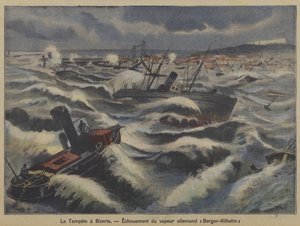 Der deutsche Dampfer Berger-Wilhelm läuft bei einem Sturm vor Bizerte, Tunesien, auf Grund (Farblithografie)