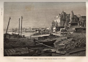 Der Ghat von Benares (heutiges Varanasi) (Ghat bezeichnet die Stufen, die die Ufer der Flüsse und die Ufer der Becken und Reservoirs bedecken, die den Kontakt mit Wasser ermöglichen), graviert nach der Zeichnung von G. Moynet, zur Illustration der Reise t von French School