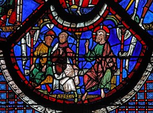 Das Fenster des barmherzigen Samariters: Christus erzählt das Gleichnis vom barmherzigen Samariter von French School
