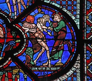 Das Fenster des barmherzigen Samariters: Gott erschafft die Frau aus der Rippe des schlafenden Adam von French School