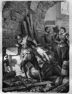 Das Pulververschwörung: Verschwörung der Katholiken, um König James I., seine Familie und einen Teil des Adels zu ermorden, indem sie den Palast von Westminster (London) bei der Eröffnungszeremonie des Parlaments am 5. November 1605 in die Luft sprengen. G
