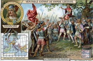 Die Heruler, ein germanischer Stamm im Dienst der römischen Soldaten, proklamierten ihren Anführer Odoaker 476 zum König von Italien (Ende des Römischen Reiches) - Liebig Werbeaufkleber von French School