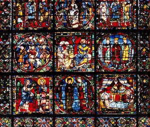 Das Inkarnationsfenster, Detail des unteren Teils, der die Verkündigung, den Besuch, die Geburt, die Verkündigung an die Hirten und die Magier vor Herodes darstellt von French School
