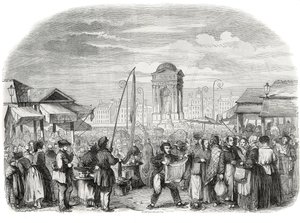 Die Unschuldigen marschieren in Paris mit dem Brunnen - Gravur in "Tableau-de-Paris" von Edmond Texier 1852