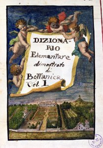Der Jardin des Plantes in Paris, Frontispiz aus Dizionario Elementare dimostrato di Bottanica, Band I Istitutiones Rei Herbariae, von Joseph Pitton de Tournefort, veröffentlicht in Paris von French School