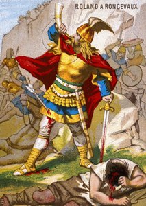 Der Ritter Roland in Roncesvalles bläst das Horn. Roland, der die Nachhut der Armee Karls des Großen führte, wurde am 15. August 778 von den Basken überrascht. Er blies dann sein Horn, zu spät, um dem König zu Hilfe zu kommen. Chromolithographie der Serie 
