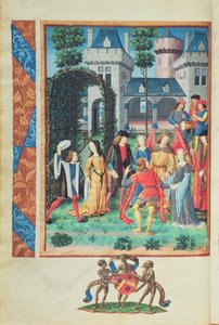 Der magische Garten, mit allegorischen Figuren von Höflichkeit, Liebe, Schönheit und Freigebigkeit, aus dem Roman de la Rose