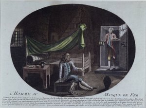 Der Mann mit der eisernen Maske (gest. 1703) im Gefängnis der Bastille, Druck von 1789-90, der ihn als Louis de Bourbon, Comte de Vermandois, Sohn von Ludwig XIV. (1638-1715) und Louise de la Valliere (16) identifiziert