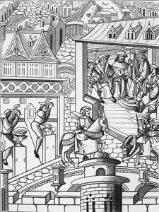 Die Münzstätte, nach einem Holzschnitt in De lInstitution de la Chose Politique, eine Übersetzung des lateinischen Werkes von Francis Patricius, veröffentlicht 1520