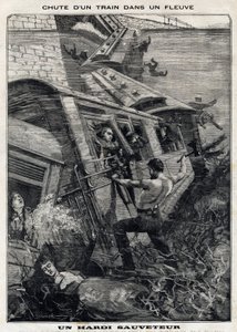 Der New York Buffalo Zug stürzt in einen Fluss in den USA: Ein Mann versucht, Passagiere vor dem Ertrinken zu retten. In Le Petit Parisien am 7.11.1897. Private Sammlung