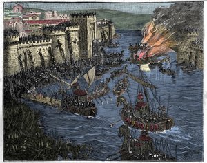 Die Normannen, angeführt von Rollo, belagern Paris im Jahr 885, Illustration aus Frankreich und die Franzosen durch die Jahrhunderte, 1884