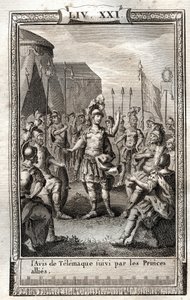 Die Ankündigung von Telemachus gefolgt von den verbündeten Prinzen - Gravur von 1798 nach Monnet in Les Aventures de Telemaque, fils d