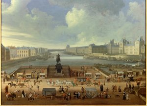 Die Pont Neuf gesehen vom Eingang zur Place Dauphine, dem Quai Malaquais, dem Collège des Quatre Nations, der großen Galerie und dem Louvre. Anonymes Gemälde von French School