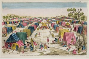 Das preußische Armeelager, nach dem Leben auf den Feldern in Pommern gezeichnet, graviert von Vale, um 1750