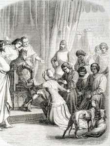 Die Königin von England (Philippa von Hennegau) bittet ihren Ehemann Edward III. um Gnade für die Einwohner von Calais (Episode der 6 Bürger von Calais)