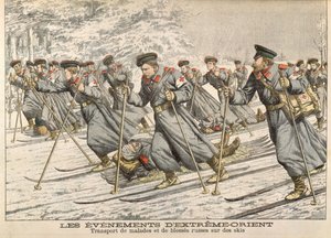 Das Rote Kreuz transportiert verletzte Russen auf Skiern während des Russisch-Japanischen Krieges (1904-05) aus Le Petit Journal, um 1904 von French School