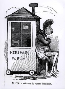 Die Reform des Fortsetzungsromans, Dumas (1802-70) durch einen öffentlichen Briefschreiber, Karikatur aus 