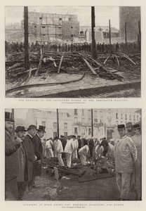 Die Bergung der geborgenen Leichen zu den Ambulanzwagen, Soldaten bei der Arbeit unter den Trümmern auf der Suche nach Leichen von French School