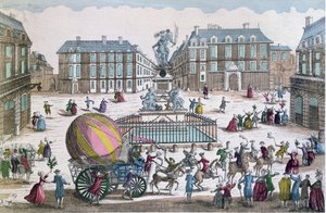 Die Rückkehr am 2. Dezember 1783 zur Werkstatt auf dem Place des Victoires des Ballons von Jacques Charles und Nicholas Robert