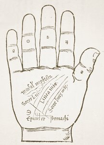 Die rechte Hand, Hauptlinien, Kopie einer Illustration aus Chiromantia von Ioannes ab Indagine, 1531, verwendet in einer Geschichte der Magie, veröffentlicht Ende des 19. Jahrhunderts