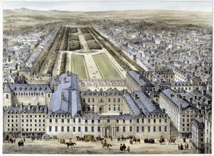 Der Königspalast im Jahr 1679, gesehen von der Rue St Honoré - Lithographie von French School