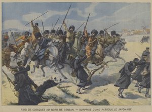 Der Russisch-Japanische Krieg: Kosaken überraschen eine japanische Patrouille bei einem Überfall nördlich von Gensan, Korea von French School